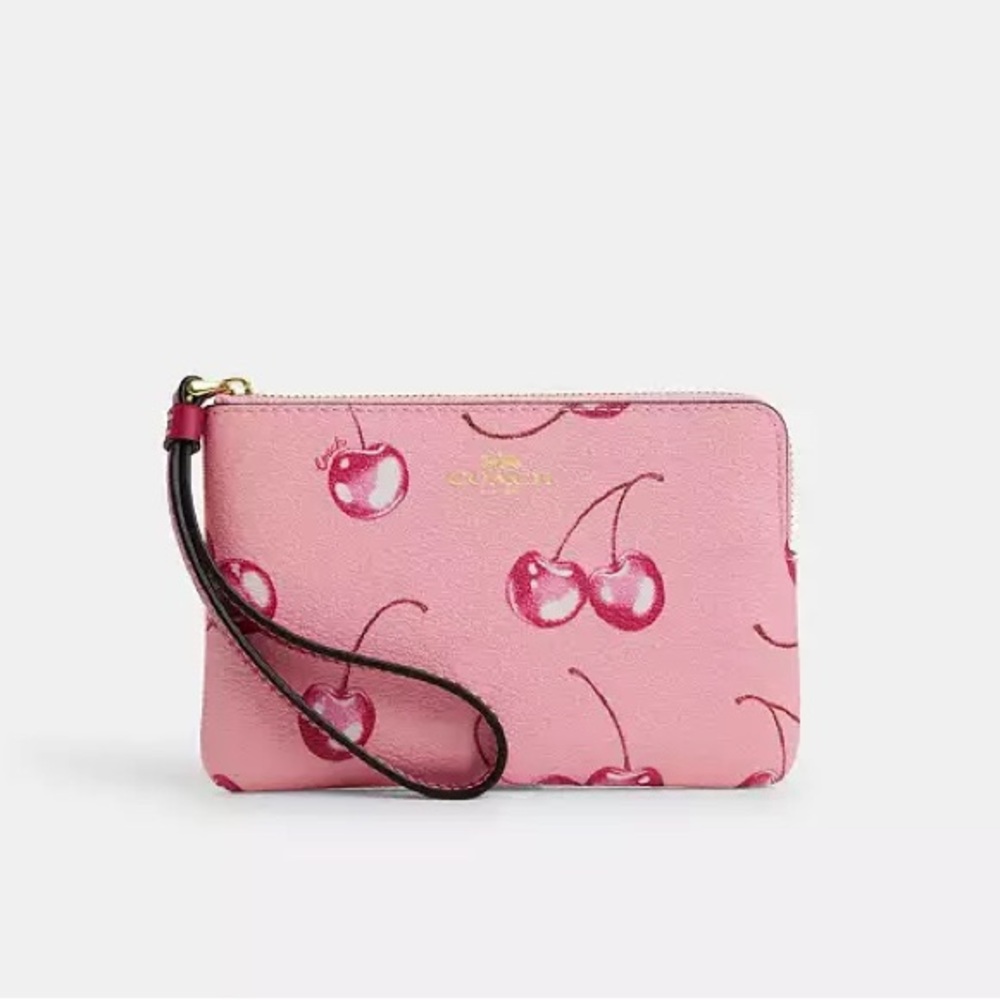 NWOT Coach Corner Zip Wristlet w/ Cherry Print, Pink/Gold - Picture 4 of 8
